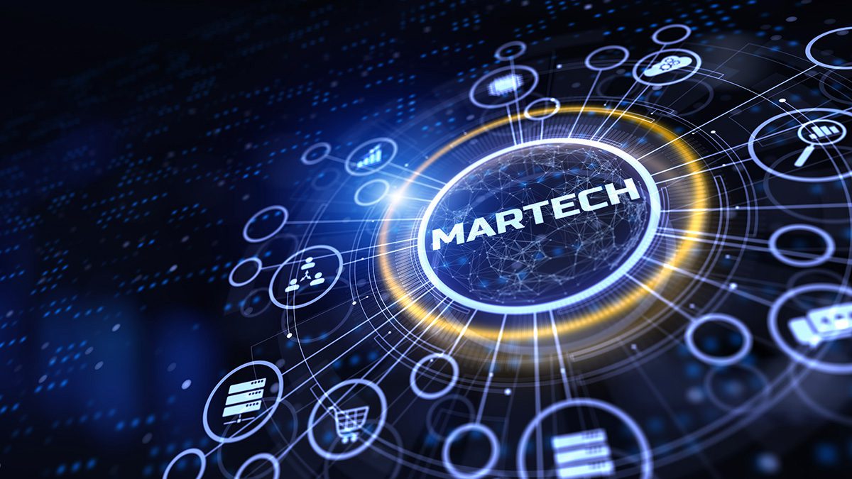 Martech marketing technology automation concept on virtual screen.