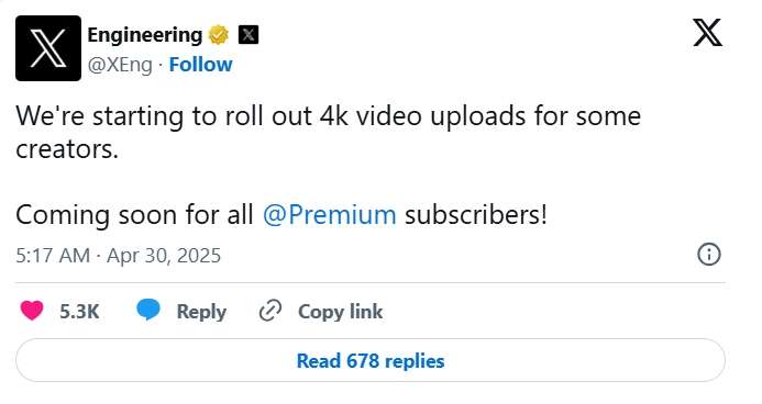 Nền tảng X cho phép tải video 4K, mở rộng đặc quyền cho người dùng Premium