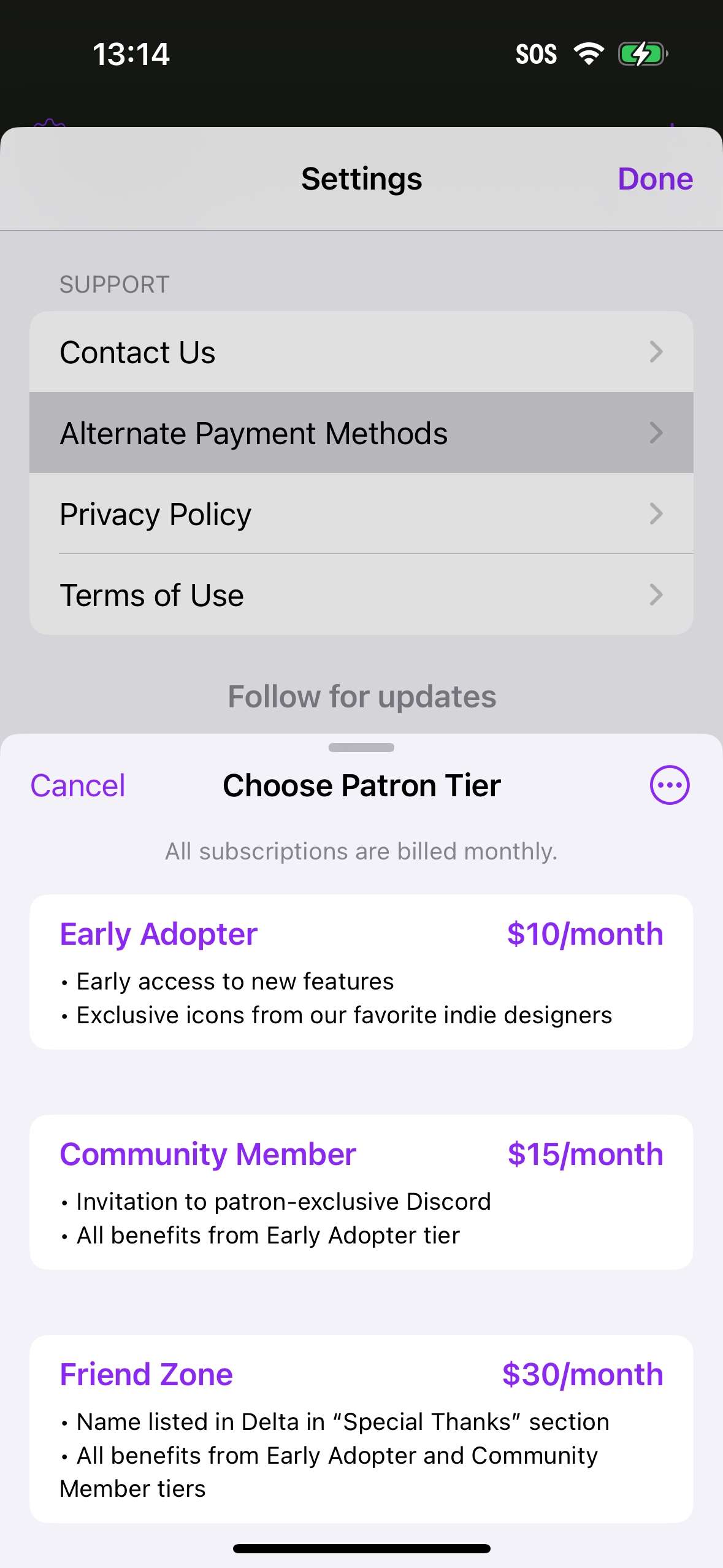 Delta cho phép đăng ký Patreon ngay trong ứng dụng