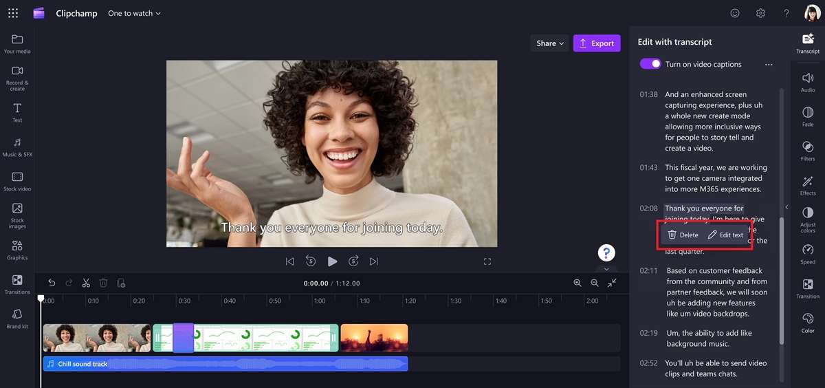 Clipchamp cho cắt video bằng văn bản